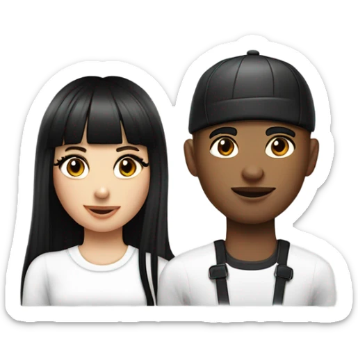 couple of teenagers, black-haired woman with bangs and long straight hair, with long eyelashes, eyeliner and a septum piercing next to a young man with short hair with curlers and a white jockey cap sticker