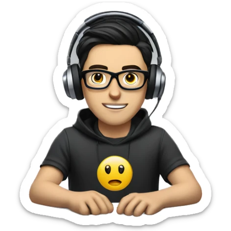 white boy with dark hair and glasses wearing gaming headset and sitting at desk on desktop computer   sticker