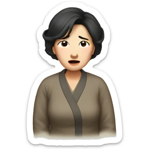 Middle-aged Korean woman in her 40s, with only one hand on her head, distressed face, black hair sticker