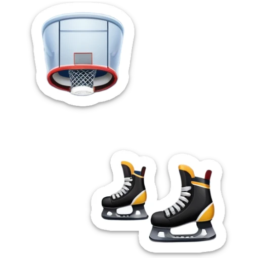 An icon showing a hockey stick, puck, skates, and goalposts on the ice. The background features a large hockey stadium with cheering fans, bright lights, and a snowy landscape visible through the arena. sticker