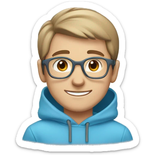 boy wearing a blue hoodie with light brown short hair wearing grey glasses and he has a cute smile, light blue-grey eyes and hearts around him. sticker