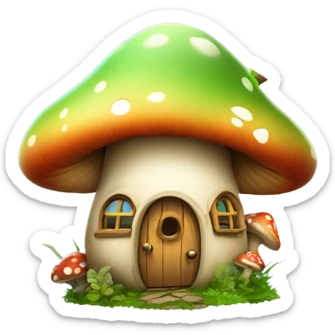 Make a logo of a cute mushroom house with a fairy poking out of it sticker