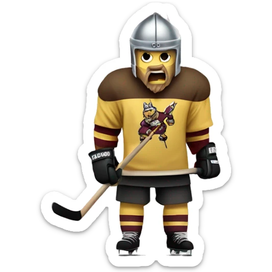 An angry viking playing hockey with a maroon and Vegas gold hockey jersey while holding a flag that says WIN  sticker
