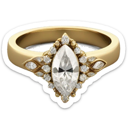 A marquise diamond ring with a vintage floral halo, small diamonds around the center stone, and a thin gold band.  Elegant and timeless.  With a men’s gold wedding band.  sticker