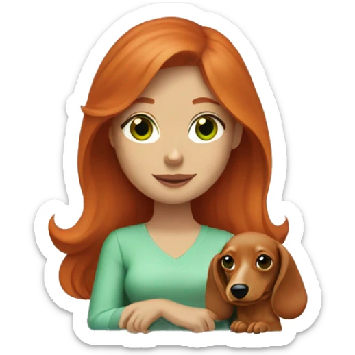 red head women green eyes and a cream longhair dachshund in her lap sticker