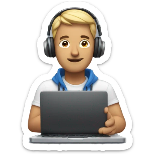 man in headphones talking hold laptop and phone only upper part of body  sticker