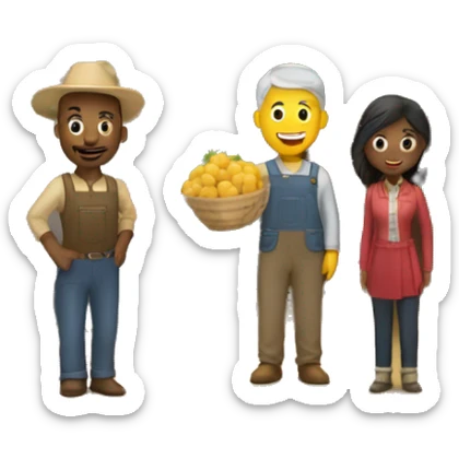 barn with two farmers, one male and one female and some customers of various ethnic backgrounds sticker