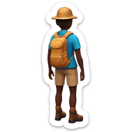 A 3D cartoon hiker silhouette standing on a rocky path at sunset, warm golden light, Memoji-style rendering. sticker