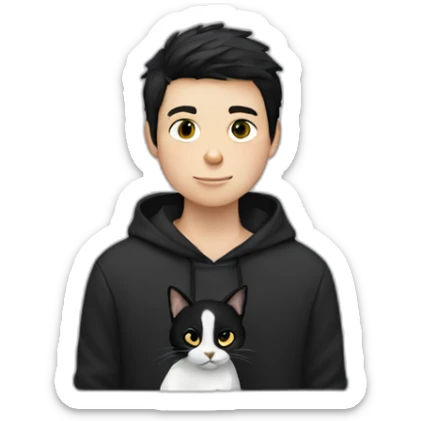 black haired and white skin boy who wears hoodie holds a black cat sticker