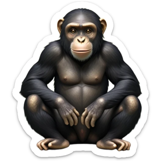 cinematic-noble chimpanzee-realistic-full-body-sitting-emoji,-long-powerful-arms-resting-on-its-knees,-expressive-dark-eyes-filled-with-intelligence-and-curiosity,-coarse-black-fur-textured-and-detailed,-softly-wrinkled-face-hinting-at-a-mischievous-smile,-slightly-open-mouth-showing-a-glimpse-of-teeth,-simplified-yet-realistic-focused-features,-highly-detailed,-glowing-with-a-warm-jungle-light

 sticker