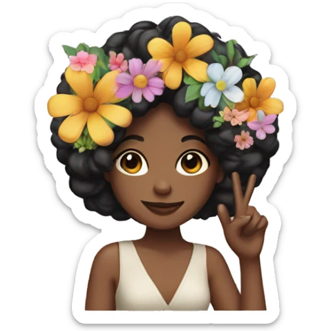 a black hair woman with a peace sign and flowers on her hair sticker