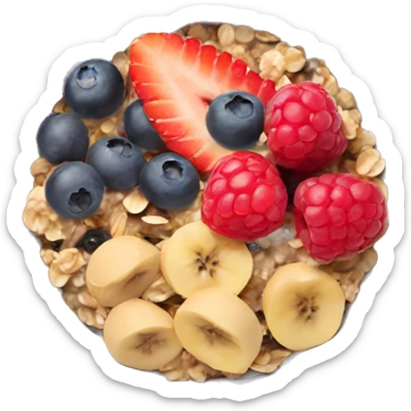 detailed oatmeal bowl with mixed berries, granola, chia seeds, and honey sticker