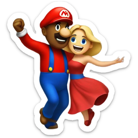 Woman dancing with a man wearing a giant Mario costume head sticker