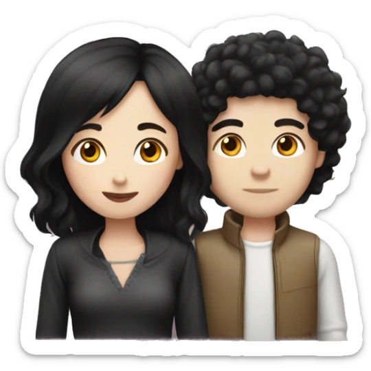 pale skin woman with black hair and tall boy with fluffly hair kissing sticker