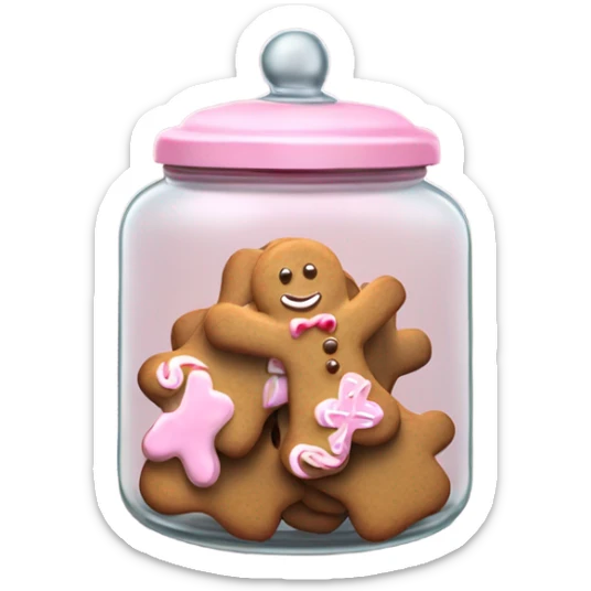 Realistic glass cookie jar with light pink lid full of gingerbread cookies isolated.  sticker