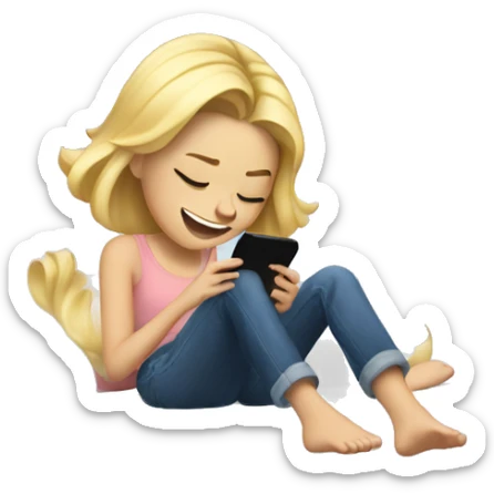 blonde girl giggling and kicking her feet while laying on her bed looking at her phone sticker