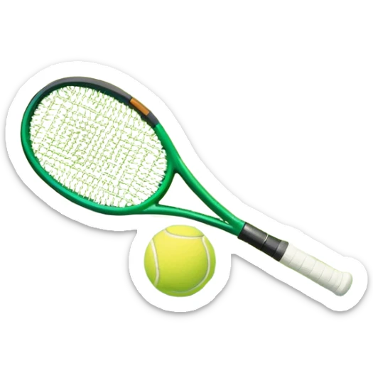 A tennis racket and ball placed on the grass court, with the lines of the court clearly visible in the background. The scene captures the essence of the sport, highlighting the equipment and the vibrant, open atmosphere of a tennis match sticker