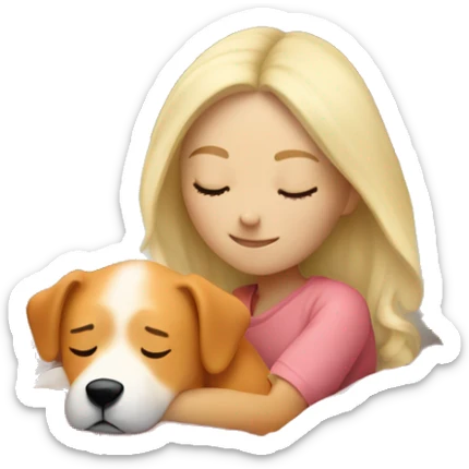 White blonde girl who sleeping peacefully with his orange dog in a bed with a white pillow and a pink blanket sticker