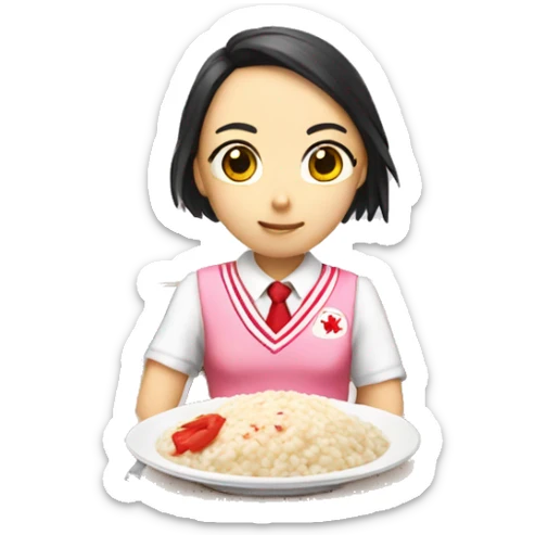 An avatar wearing pink panties red all-star with school uniform with japanese kanji eating a risotto sticker