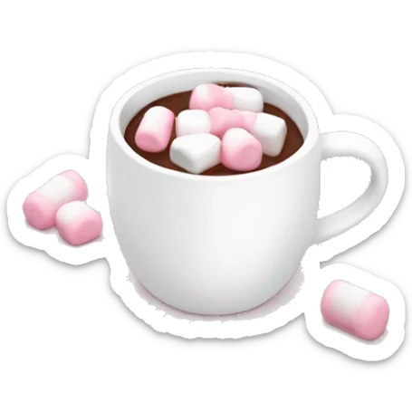 White mug with a pink bow handle filled with hot chocolate and baby pink and white marshmallows sticker