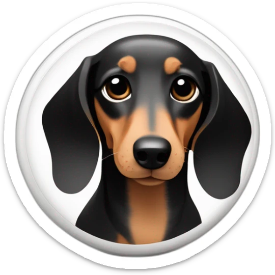 cartoon dachshund with a shiny coat, colored in traditional black, tan, and white hues, nestled inside a pill capsule. sticker