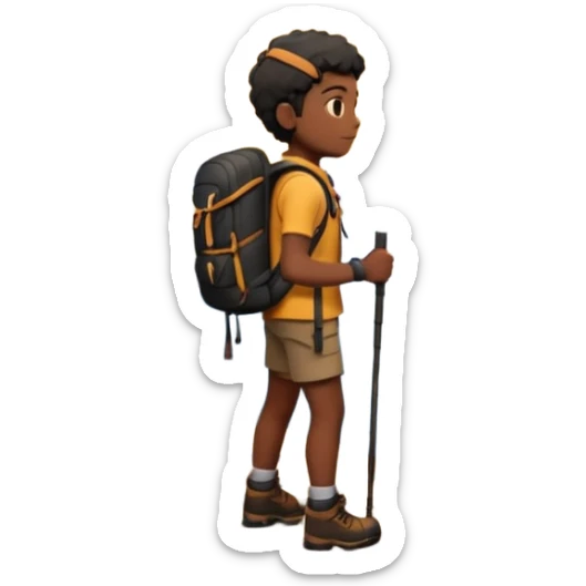 A 3D cartoon hiker silhouette standing on a rocky path at sunset, warm golden light, Memoji-style rendering. inside photo frame. sticker