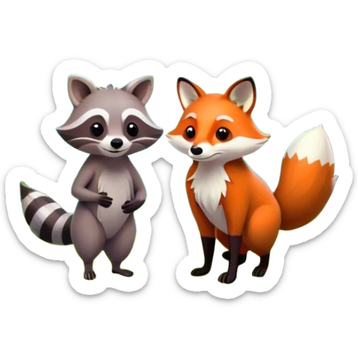 raccoon and a fox in a colorful forest with vibrant green trees, bushes and flowers. The animals are in the foreground, surrounded by a lush, bright forest, with soft sunlight filtering through the leaves. A playful and wild scene with a transparent background. sticker