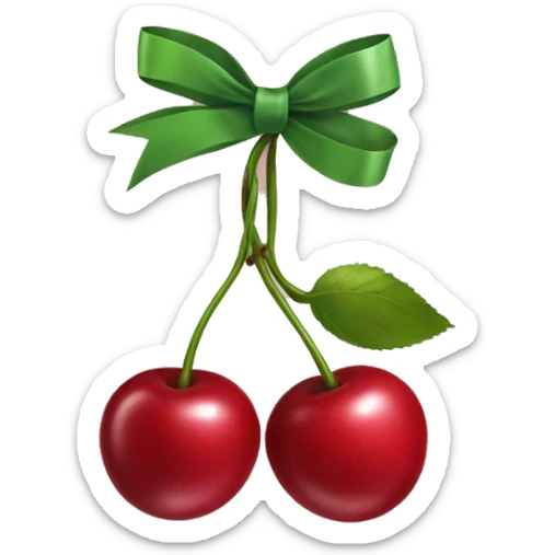 An emoji of two cherries hanging from a ribbon bow, with the cherries dangling below the tied bow sticker