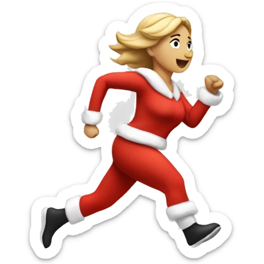 A white woman running, with a large stride and arms outstretched, in a santa costume sticker