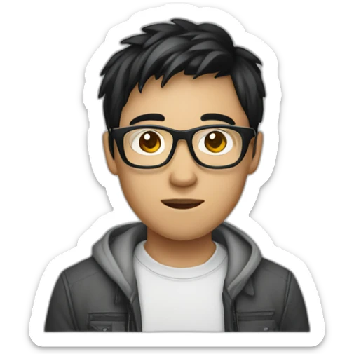 a male vietnamese programmer with tan skin with black hair with silver metal glasses and with a macbook sticker