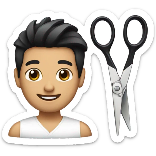 smiling hairdresser with black hair and scissors and hai sticker