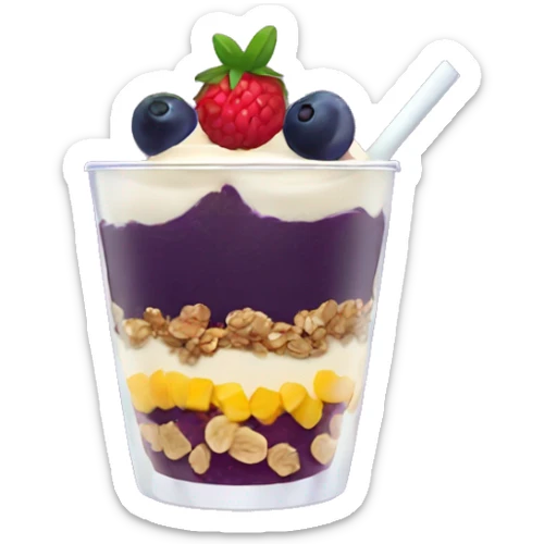 Açaí in a clear cup with layers of fruits and granola and condensed milk sticker