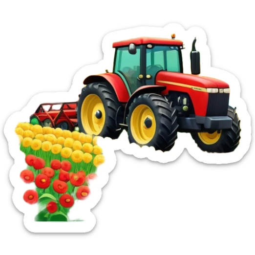 An icon showing close-up tractor in a colorful rural landscape, inspired by Farming Simulator 23. The design features vibrant fields, barns, and crops under a bright sky, with tractors working the land. The peaceful and immersive farming environment is highlighted with a transparent background sticker