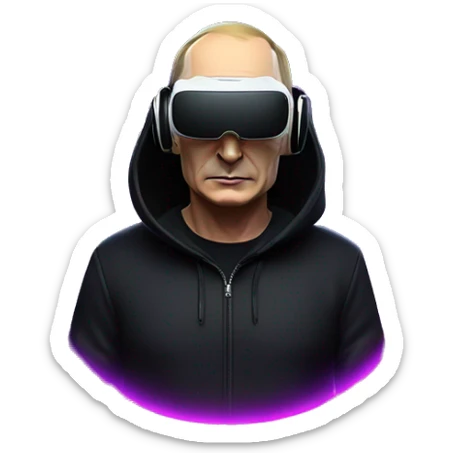 Vladimir Putin wearing a black hoodie with "OMG" letters on it and VR headset oculus quest 2 in a cyberpunk VR environment with violet neon lighting. sticker