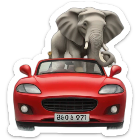 man with 12 arms 1 elephant trunk 4 lion legs sitting on a red car in a boat sticker