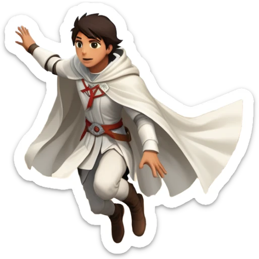 An icon featuring a hero performing a leap of faith from a tower in Florence, inspired by adventure games like Assassin's Creed. The design captures the dramatic moment mid-air, with detailed architecture and a bustling city below. Transparent background sticker