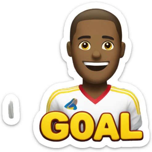a yellow emoji celebrating a goal with a big smile and the word 'GOAL!' in bold, festive letters. The emoji should be holding the Colombian flag, but without hands, just the flag next to it. sticker