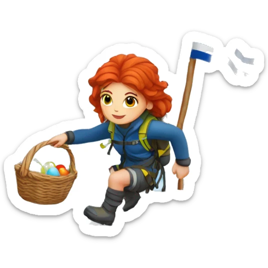 Female winter mountain climber red hair climbing with Greek and EU flags and Easter eggs basket sticker