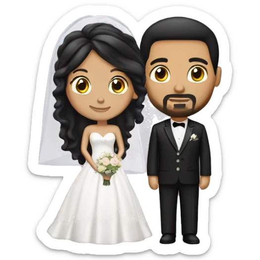 wedding couple. groom is white with black hair and goatee and black hair. Bride long hair black  sticker