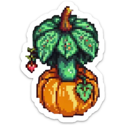 heart with a mushroom on one side and a pumpkin on the other, pixel art style sticker