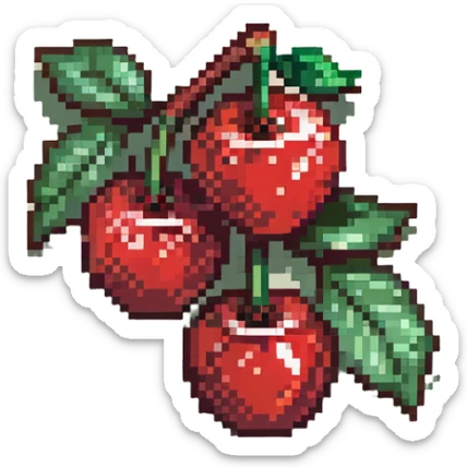 Pixel art of two red cherries on a brown branch with green leaves sticker