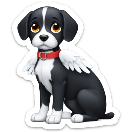 black dog with white patch, big jowls, sad puppy eyes, angel wings, red collar sticker
