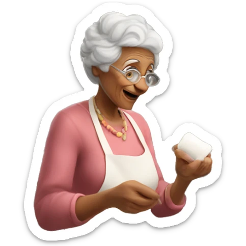 Italian woman looking grandma holding a marshmallow cooking marshmallows in kitchen sticker