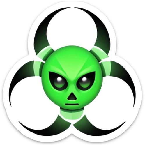 Minimalist emoji-style sticker of a fractured biohazard symbol with a small eye in the center. Stylized, geometric, no text.
 sticker