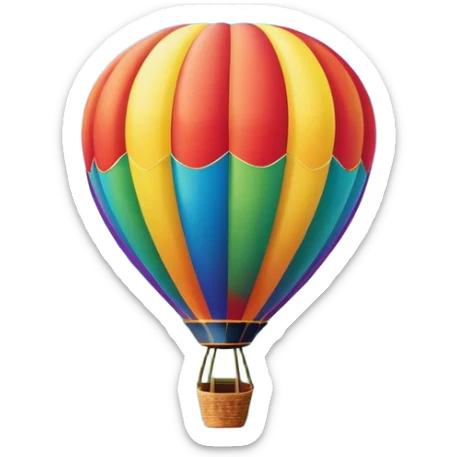 a clear sky and distant hills in the background with A colorful hot air balloon floating gracefully above the ground. The balloon's vibrant colors stand out against the soft clouds, capturing the peaceful yet adventurous spirit of hot air ballooning. sticker