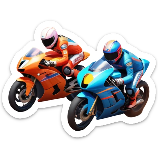 A sleek racing car and motorcycle speeding on a track, leaving a trail of dust behind. The scene captures the thrill of high-speed competition, with blurred motion and vibrant colors, highlighting the dynamic energy of motorsport. sticker