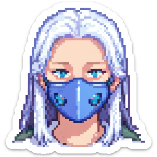 close-up of a teen face with blue mask and white hair, simple background sticker