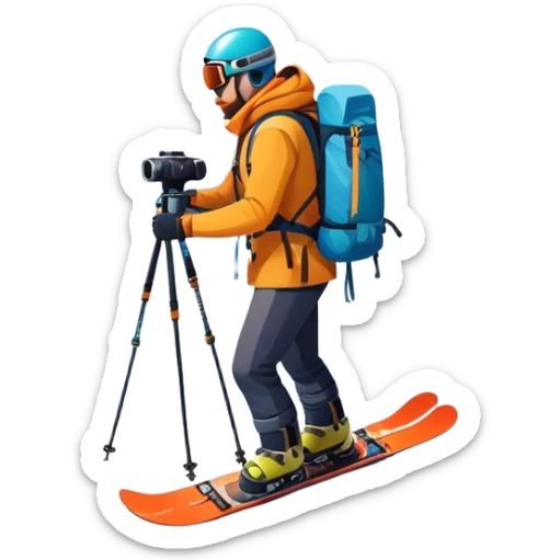 Icon for Mountain Tourism: a snowy mountain peak in the landscape, with skis, a snowboard, an ice axe, a backpack and a camera. The icon should capture the adventure and exploration of mountain landscapes. Transparent background. sticker