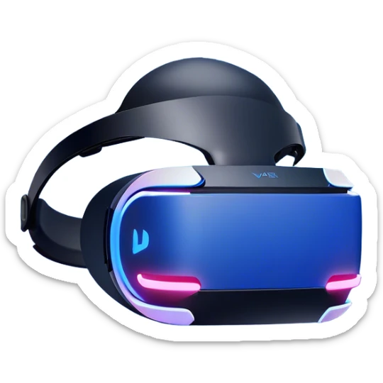Clash of Clans aesthetic: Cinematic Playful PlayStation VR Headset Portrait Emoji, rendered in a 3D vector-style similar to standard emojis with minimal shading and bold, simplified shapes. A compact, distinct form with signature details, softly glowing with a cutting-edge console technology charm. Simplified yet unmistakably iconic, highly detailed and consistent, glowing with a soft radiance and high shine. Stylized with a touch of technological advancement and a soft glowing outline, capturing the essence of a beloved gaming relic with a friendly, playful manner! sticker