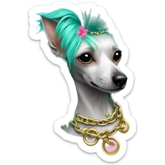 Punk tropical palm leaves flowers Chinese crested dog neon rainbow cyan green pink hair gold chain punk piercings tattoos punk ear piercings sticker